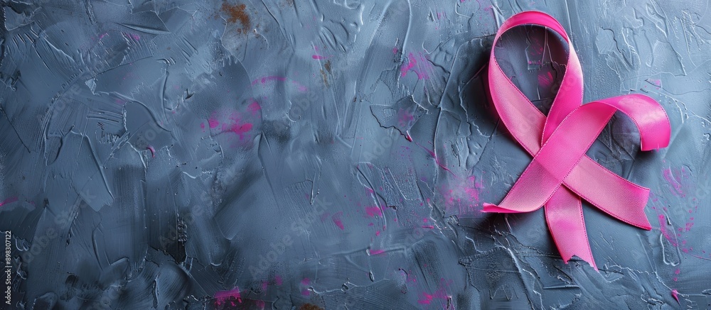 Poster breast cancer awareness concept displayed in a top view copy space image of a pink ribbon on a grey 