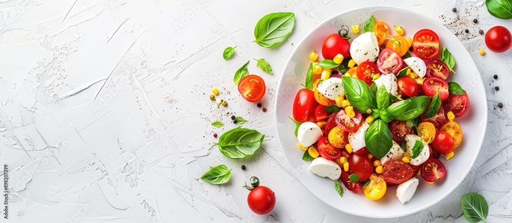 Aufkleber delicious italian caprese salad made with ripe tomatoes mozzarella basil and corn salad on a white b