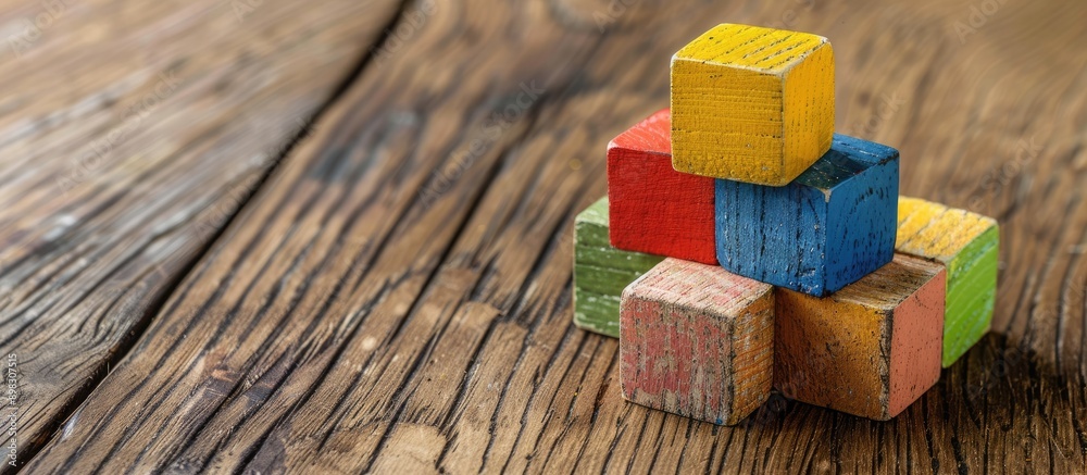 Aufkleber colorful toy blocks arranged on a wooden floor with a copy space image available