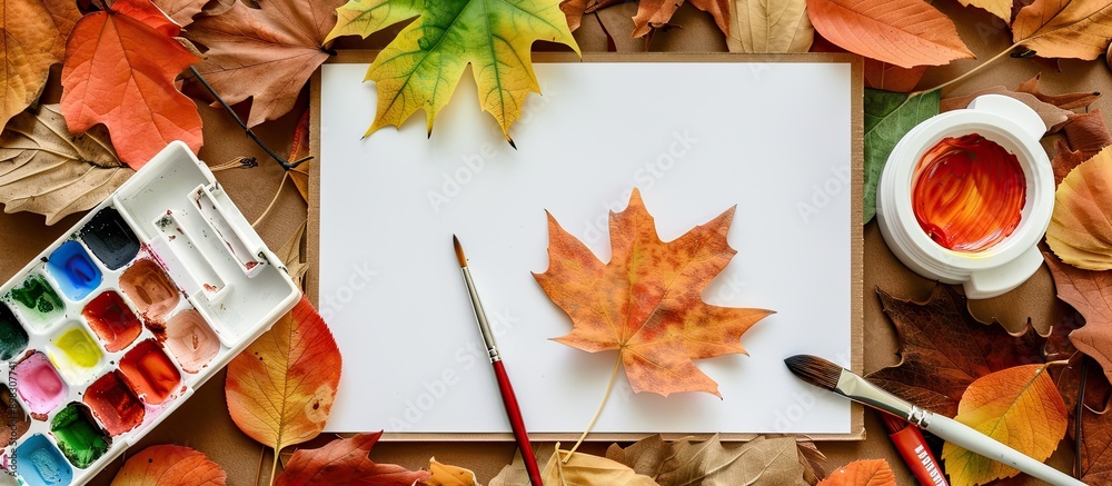 Poster autumn themed artist s workspace with a sheet of paper watercolor paint set brush and autumn leaves 