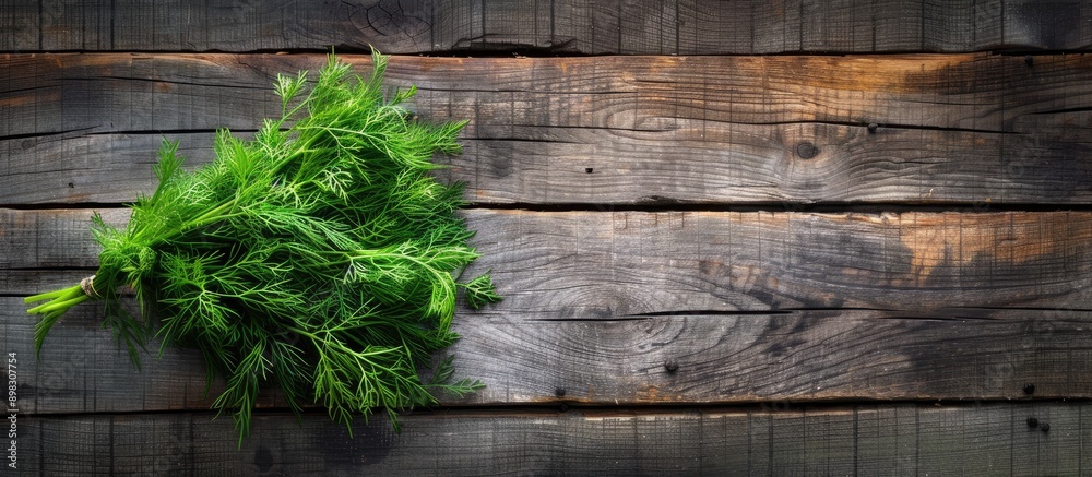 Poster Top view of a cluster of fresh dill on a rustic wooden surface providing ample copy space for a picture