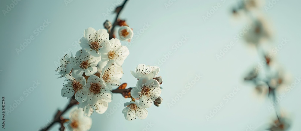 Poster close up of cherry white flowers on a branch against a pale sky with selective focus in a spring gar