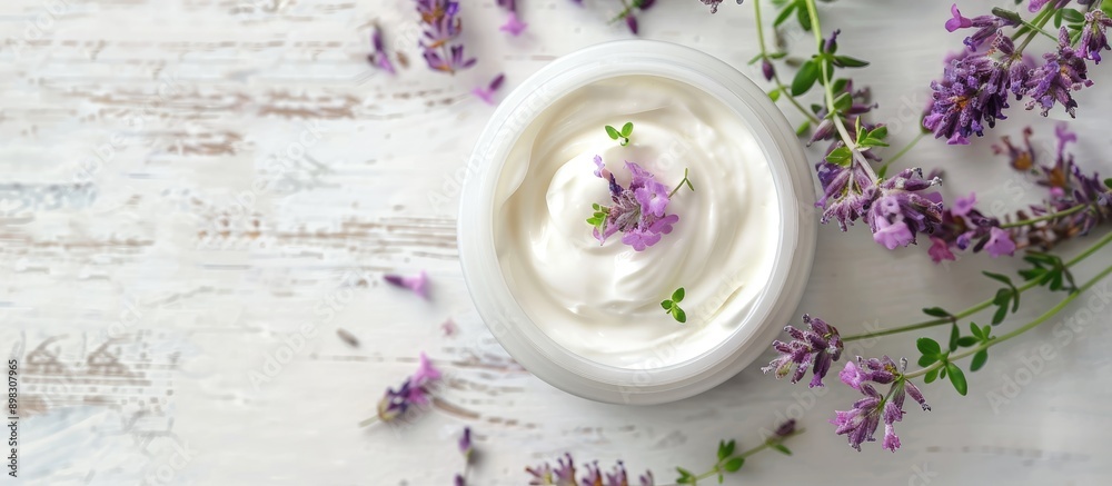 Poster cosmetic cream with lavender and thyme leaves on a white wood table with copy space image