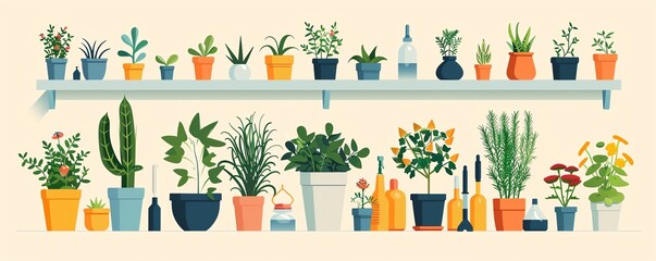 Fototapeta premium Home gardening, plants and tools, flat design illustration