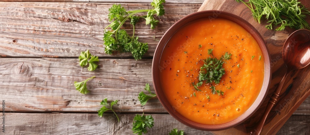 Poster delicious carrot cream soup in a bowl displayed for a top view offering a captivating copy space ima