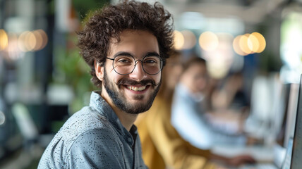 Fototapeta premium A smiling worker working at the modern office
