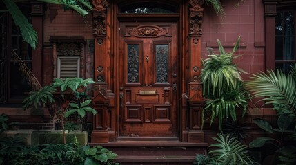 A weathered wooden door surrounded by lush greenery creating an