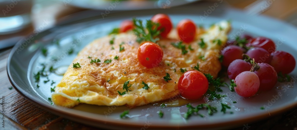 Aufkleber Delicious breakfast featuring an omelet garnished with tomato and grape on a plate with a generous amount of copy space for an image