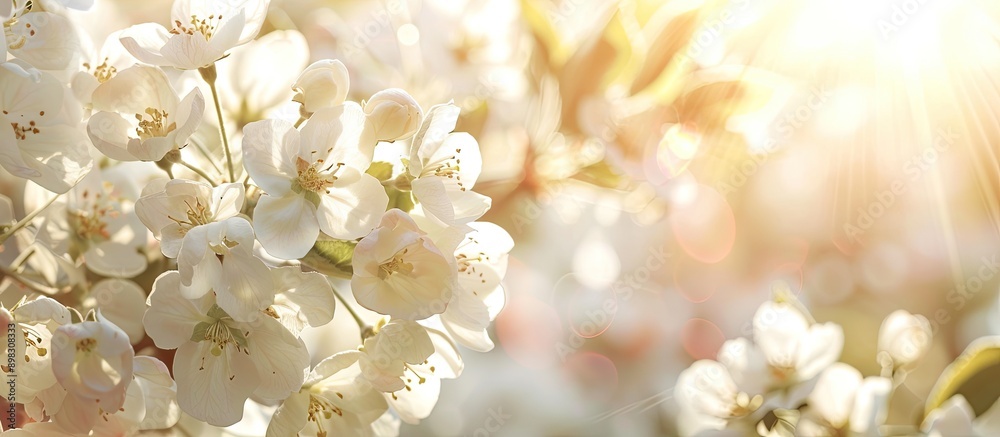 Aufkleber Close up macro shot of white apple trees in blossom under the sunny light creating a beautiful summer spring background Appreciating nature with copy space image