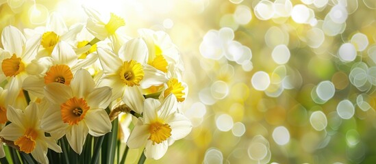 Fototapeta premium Bright backlight illuminates a bouquet of yellow and white spring daffodils featuring Narcissus centered in the copy space image
