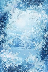 Christmas card design with a frame of sparkling ice and snowflakes, with intricate frost patterns. 