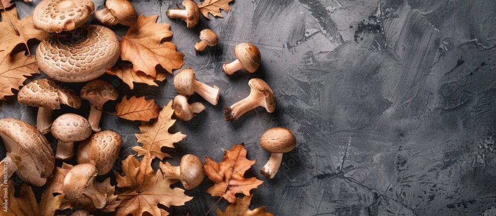 Poster top down view on brown champignon mushrooms and oak leaves on a grey surface capturing a fall ambien