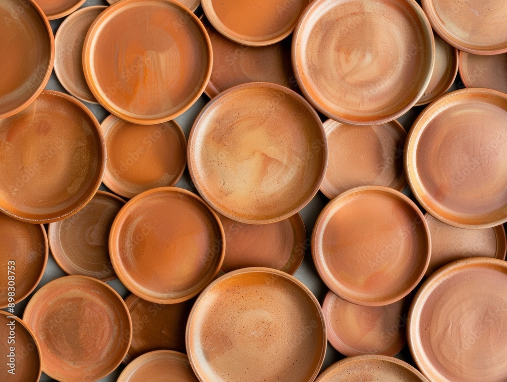 Aufkleber Aerial View of Symmetrical Arrangement of Terracotta Plates Creating Geometric Pattern with Warm Tones and Soft Lighting