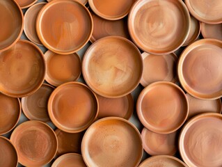 Aerial View of Symmetrical Arrangement of Terracotta Plates Creating Geometric Pattern with Warm Tones and Soft Lighting
