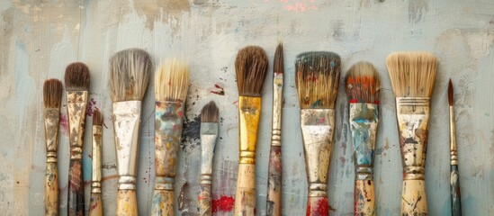 Assortment of vintage paintbrushes showcasing used and stained bristles against a blank copy space image