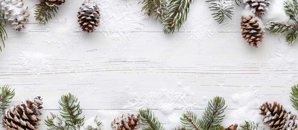Poster christmas themed background featuring snow fir branches cones against a white wooden backdrop with c