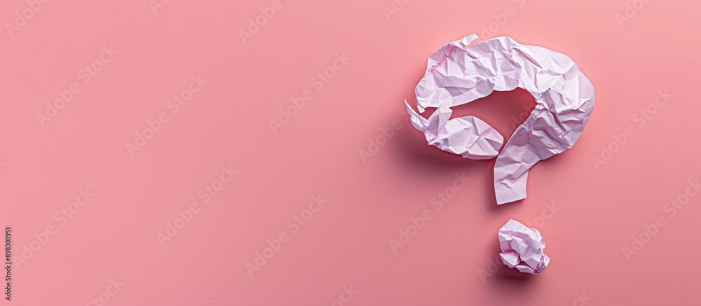 Poster Top view of a crumpled paper with a question mark on a pink background providing copy space for text or images