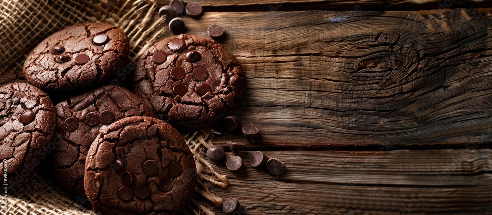 Poster Chocolate cookies displayed on a wooden table against a textile background with space for additional images