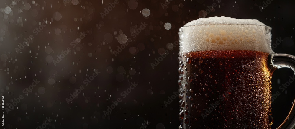 Poster A close up image of a dark beer mug with white foam against a dark background providing space for additional elements
