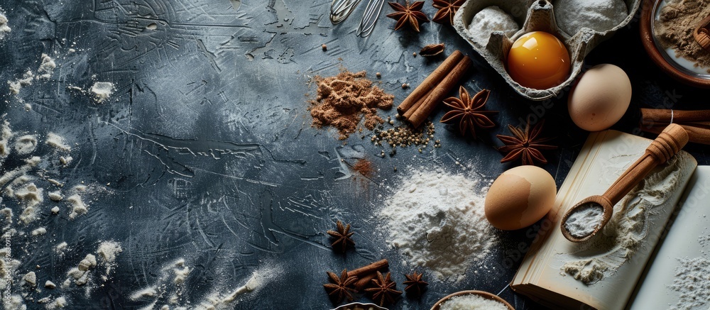 Aufkleber The baking background features various cooking ingredients like flour eggs sugar milk and spices placed on a dark stone table alongside a recipe book creating a visually appealing copy space image