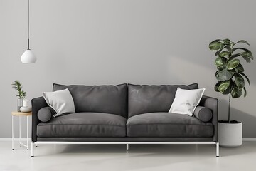 Elegant dark grey Scandinavian sofa featuring a white frame for mockup.