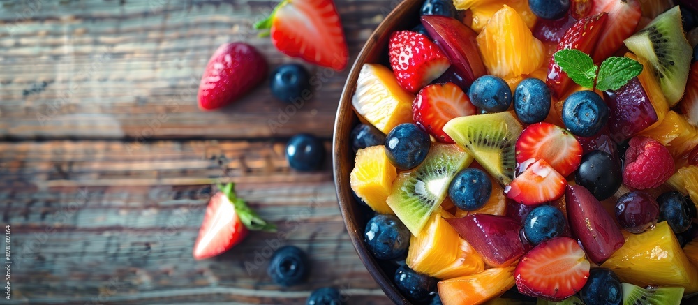 Aufkleber Close up of a delicious fruit salad in a bowl on a wooden table with copy space image