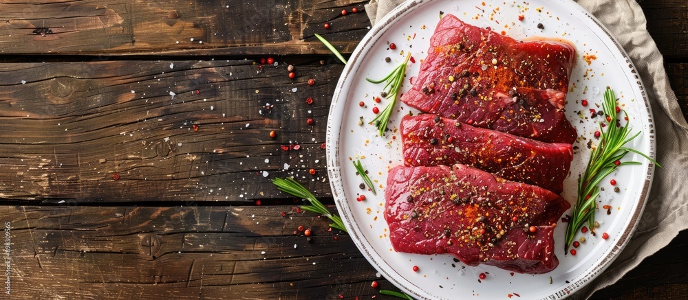 Poster beef steak seasoned with spices on a vintage white plate displayed on a wooden table with copy space