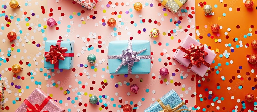 Fototapete top view of a colorful flat lay with various gift boxes wrapped in bright paper and adorned with con