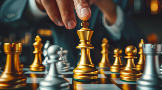 Businessman hand moving golden and silver chess piece on board game for business strategy