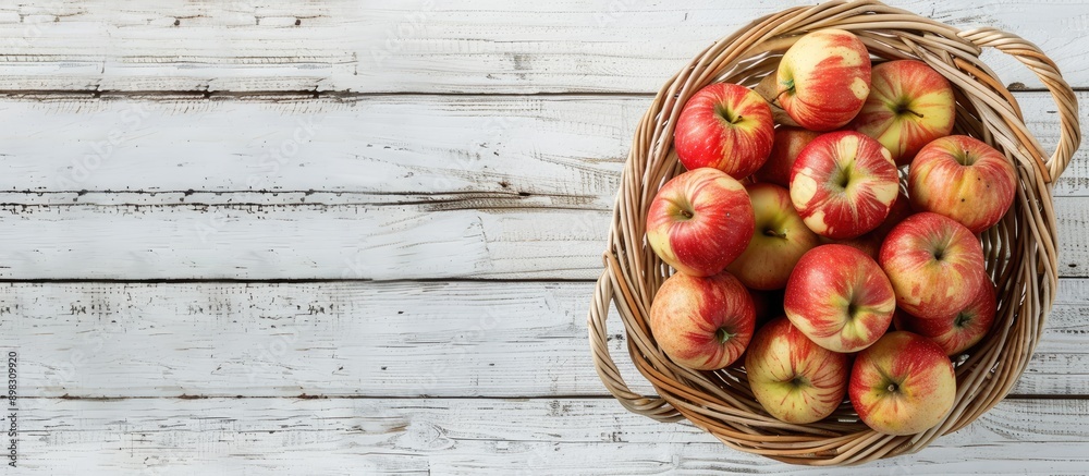 Poster A basket filled with fresh apples displayed on a white wooden surface with ample copy space for additional content in the image