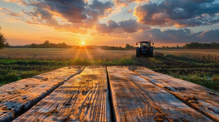 Fototapeta premium Wooden Table With Tractor in Background