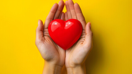 Fototapeta premium Close-up of a woman's hands holding a red heart with a cute smiley face on a yellow background