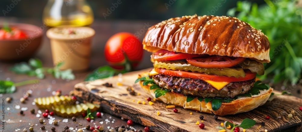 Poster burger wellington with marble beef cornichons tomato cheddar and dough presented in an american food