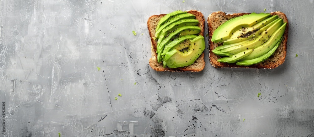 Poster Top view of avocado toast on grey background with copy space image