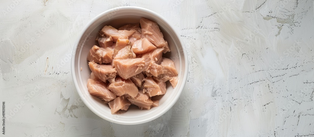 Poster Top view of canned tuna in a white bowl on a white background with soft lighting in a studio shot allowing for copy space in the image