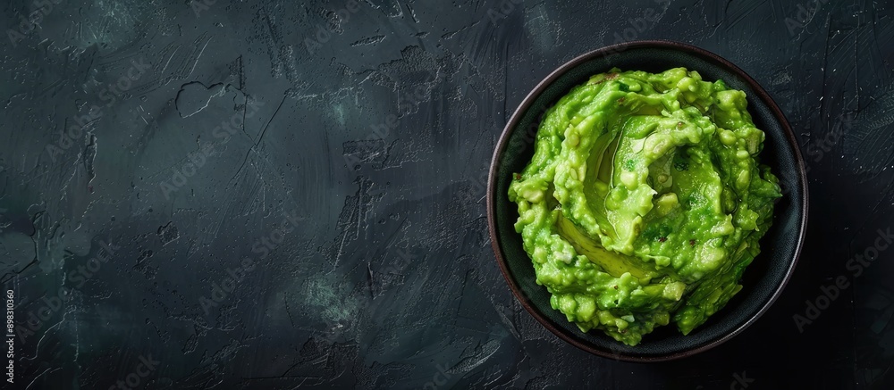 Poster Avocado guacamole in a grey bowl set against a dark backdrop featuring a top view for a copy space image