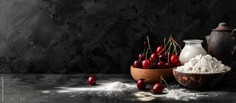 Aufkleber On a black backdrop display dairy products flour sugar and cherries with extra space for text or graphics creating a copy space image
