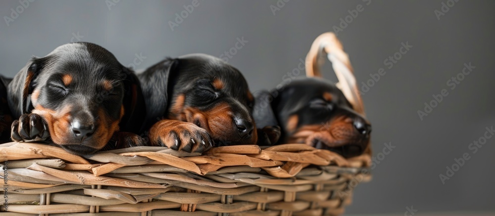 Poster Doberman puppies resting peacefully in a basket creating a charming scene with a copy space image