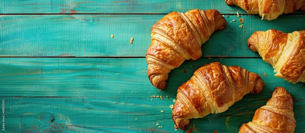 Poster close up of delectable croissants on a green wooden backdrop with ample copy space image