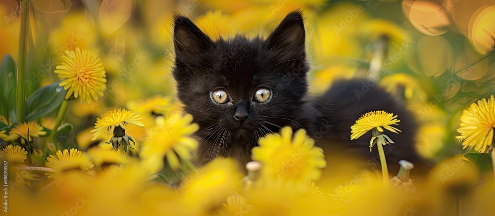 Poster a black kitten with fluffy fur is concealed amidst vivid yellow dandelions in a horizontal banner st