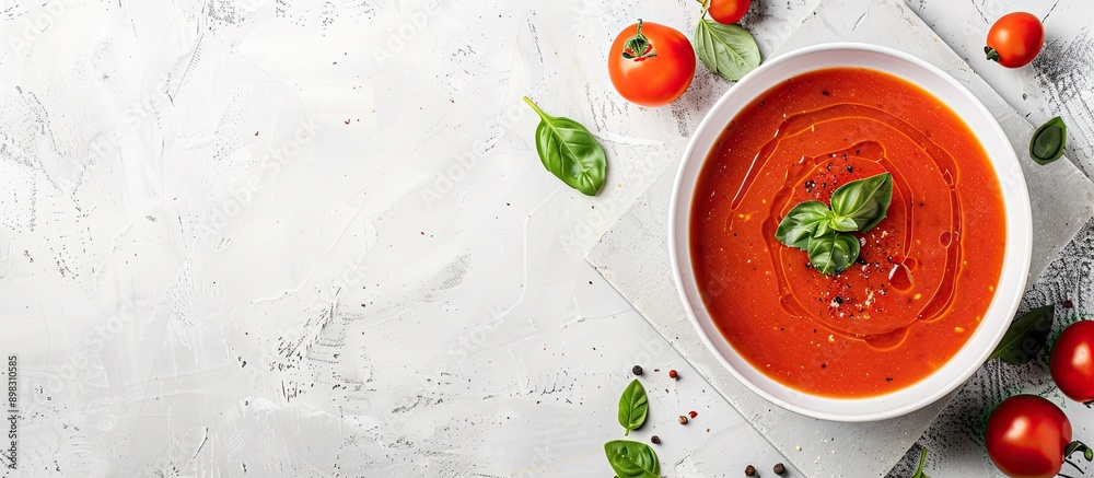 Poster Cold gazpacho soup in a bowl on a light stone background with ample copy space image promoting a healthy food concept
