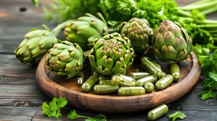 Obraz premium Artichoke capsules and supplements. Selective focus.