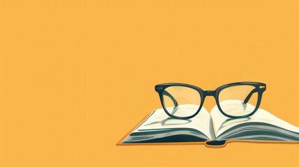 A black-framed pair of glasses sits on an open book on a yellow background. Generative AI
