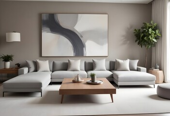 Mockup poster frame on the wall of the living room. Luxurious apartment background with contemporary design. Modern interior design. 3D render