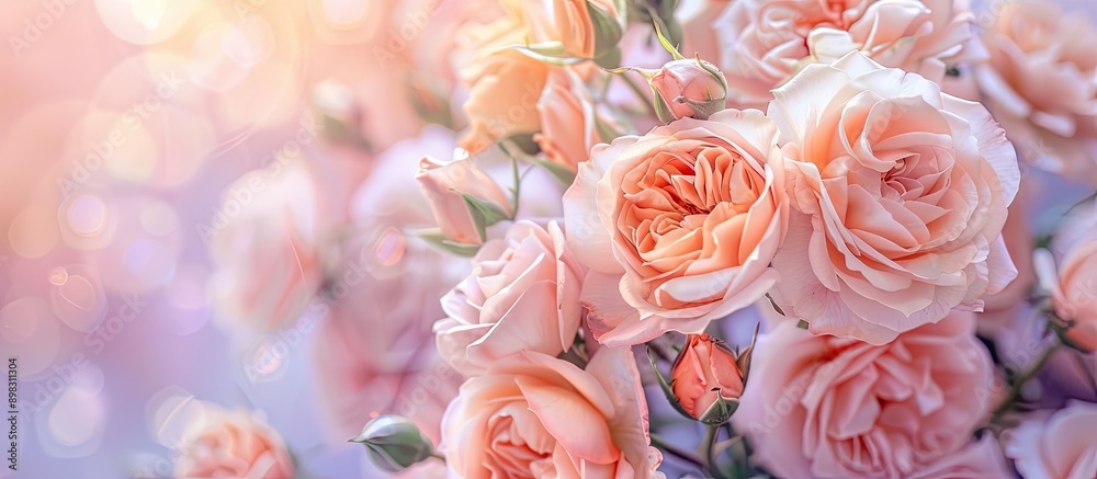 Poster delicate roses in full bloom decorate a festive background creating a pastel and soft floral card wi