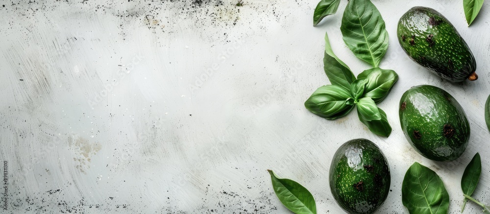 Poster avocado placed on a white wooden table with a blank space for an image. creative banner. copyspace i