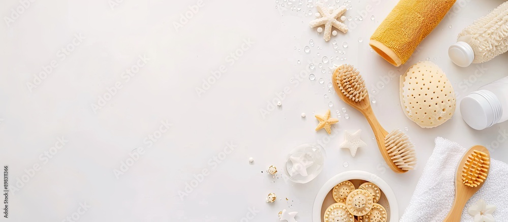 Poster flat lay of baby bath accessories and care products displayed on a white background with copy space 