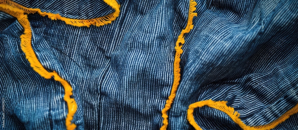 Poster View from above of denim fabric with a prominent double yellow seam creating a captivating background texture perfect for copy space image