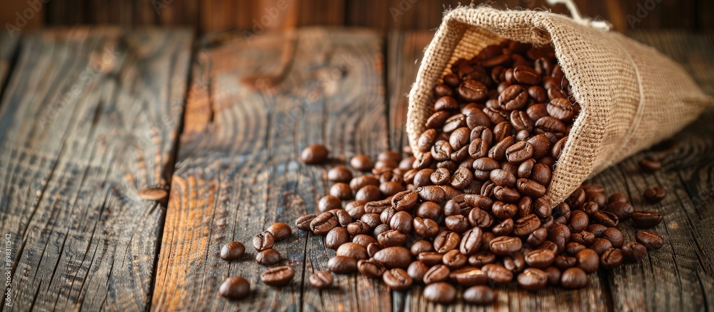 Aufkleber Coffee beans roasted and placed in a burlap sack on a wooden rustic backdrop with ample copy space image