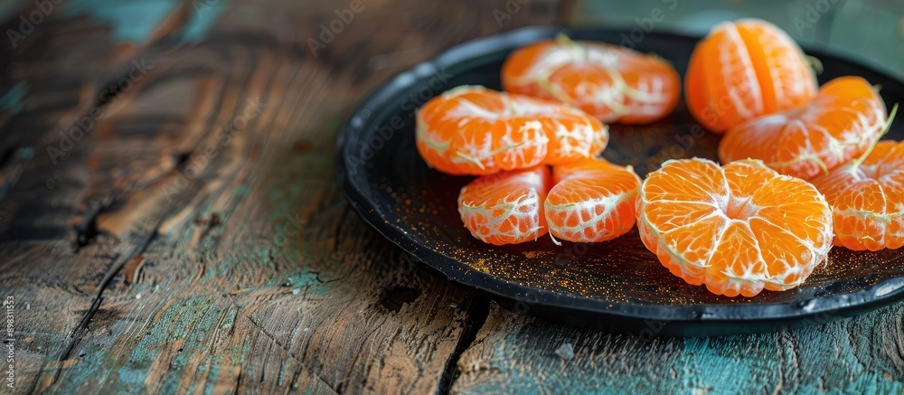Poster close up side view of mandarin slices arranged on a black plate placed on a rustic wooden table with
